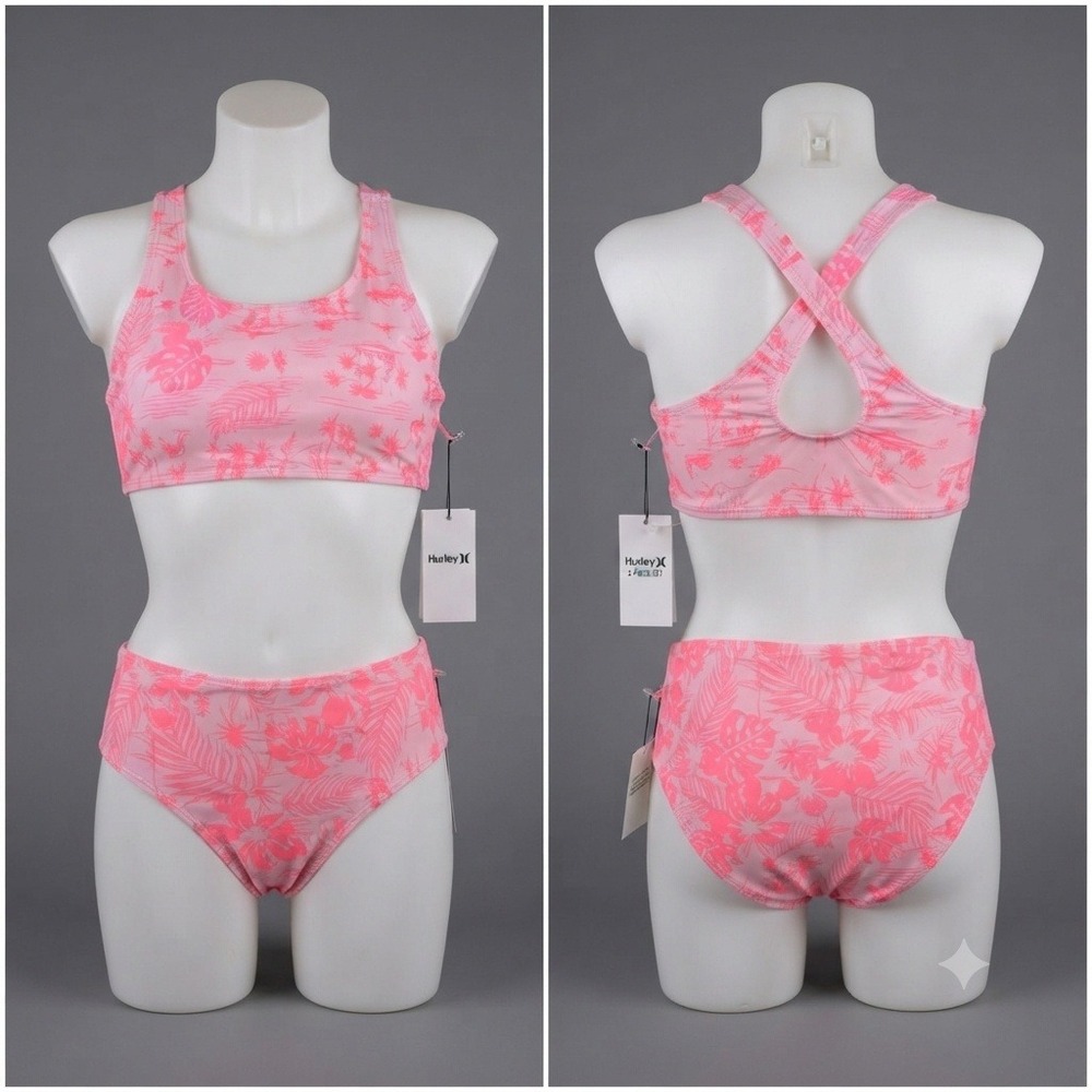 Hurley Girls Swimsuit 14 Pink Tropical Hibiscus 2 Piece Bikini Set UPF 50+